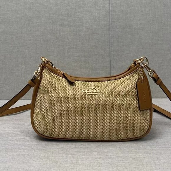 COACH CR350 Teri 2way Shoulder Bag Crossbody Straw Leather Latte - Picture 4 of 7